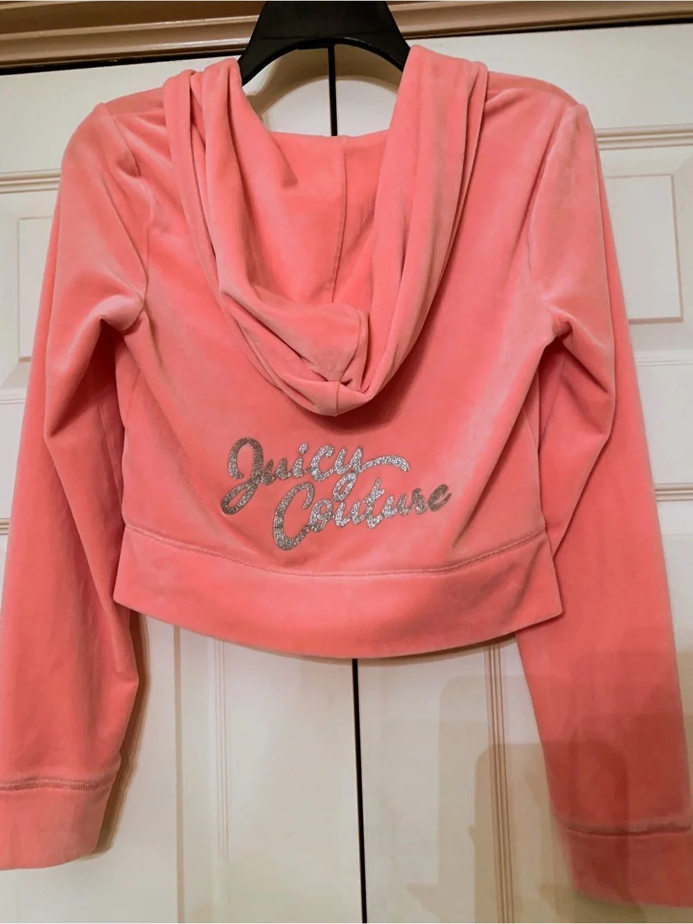 Vintage Y2K Juicy Couture Coral Pink Velour Cropped Hoodie